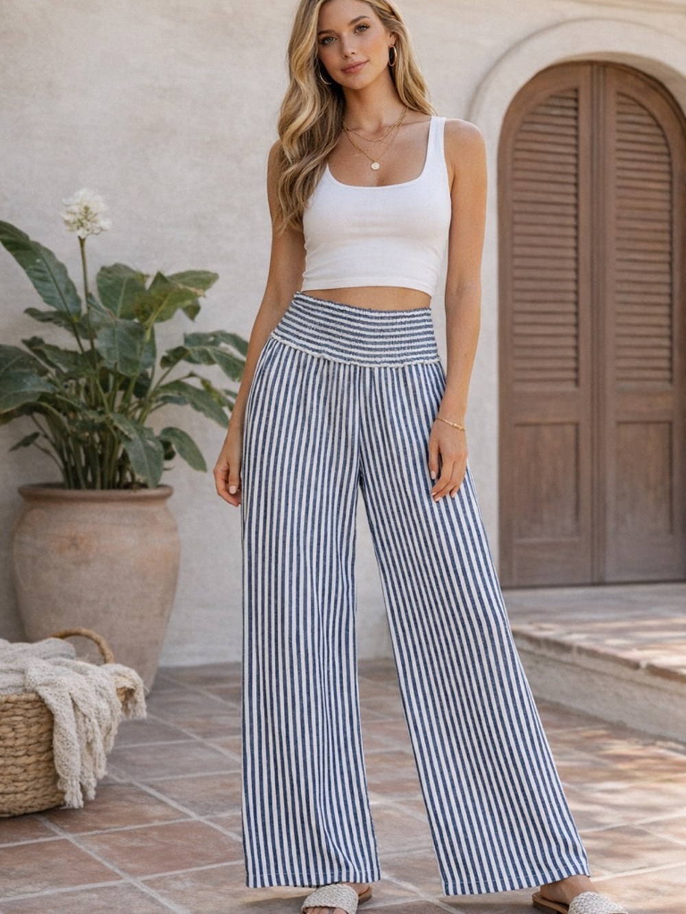 Love Tree Blue & White Striped Wide Leg Pants Smocked Waist Tall Friendly L